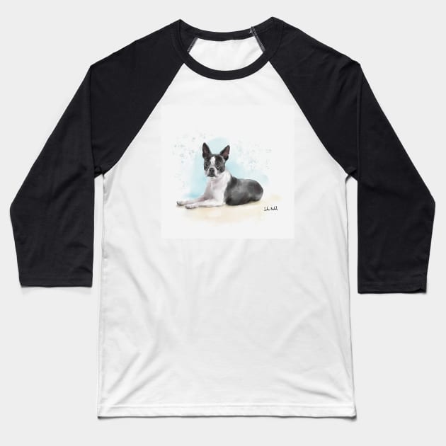 Watercolor Sketch of a Black and White Boston Terrier Lying Down Baseball T-Shirt by ibadishi